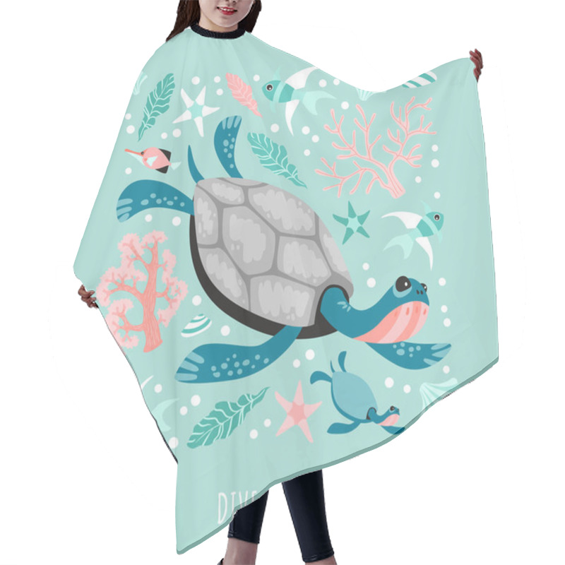 Personality  Funny Turtles Surrounded By Marine Plants, Corals And Fish. Diving School Banner Template. Cartoon Illustration In A Flat Style. Hair Cutting Cape