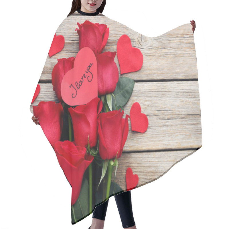 Personality  Bouquet Of Red Roses With Inscription I Love You On Grey Wooden Table Hair Cutting Cape