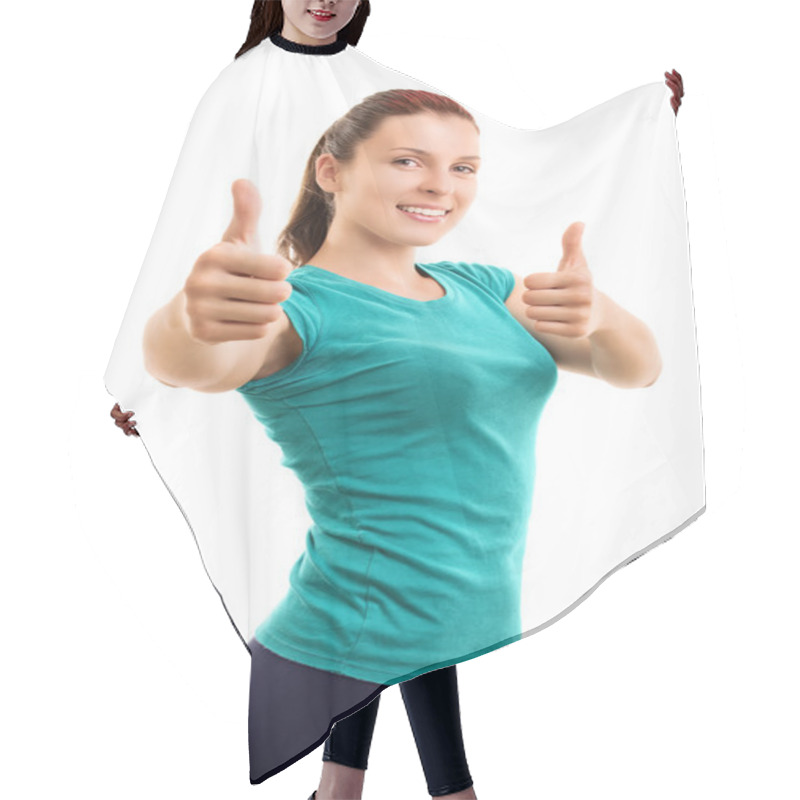 Personality  Female Athlete Making Thumbs Up Hair Cutting Cape