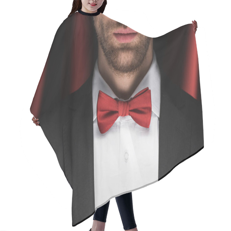 Personality  Cropped View Of Magician In Red Bow Tie In Circus With Red Curtains Hair Cutting Cape