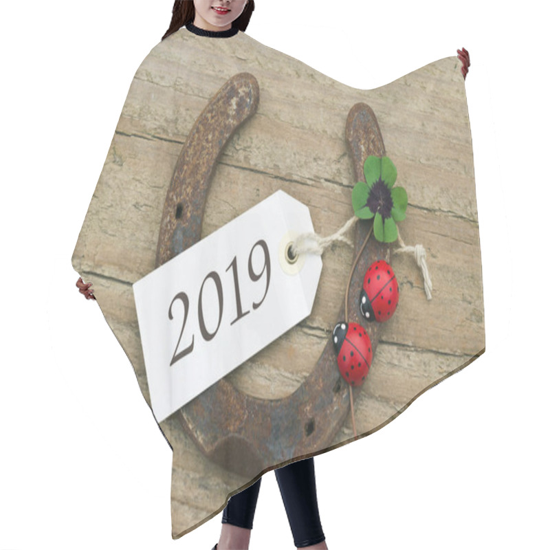 Personality  New Year  2019 / New Years Card With Horseshoe, Leafed Clover And Ladybugs On Wooden Background Hair Cutting Cape