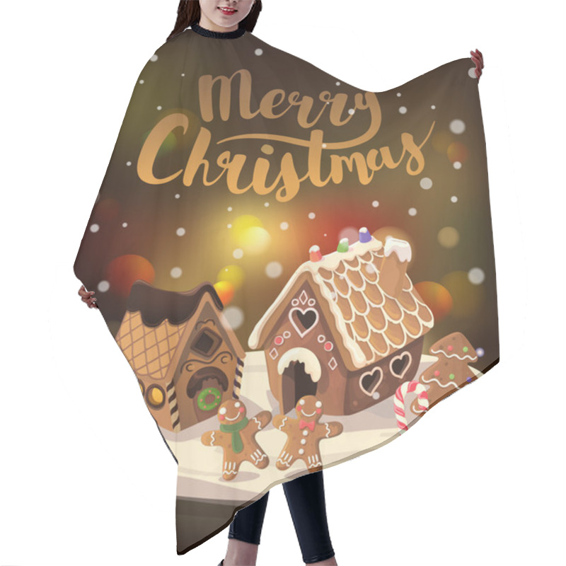 Personality  Cristmas Background With Gingerbread Houses, Candy, And Gingerbread Little Men, Vector Illustration. Hair Cutting Cape