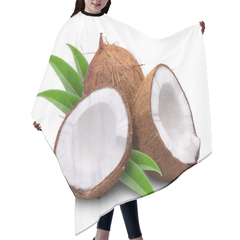 Personality  Ripe Sweet Coconut And Coconut Halves With Palm Leaves Isolated On White Background. Hair Cutting Cape