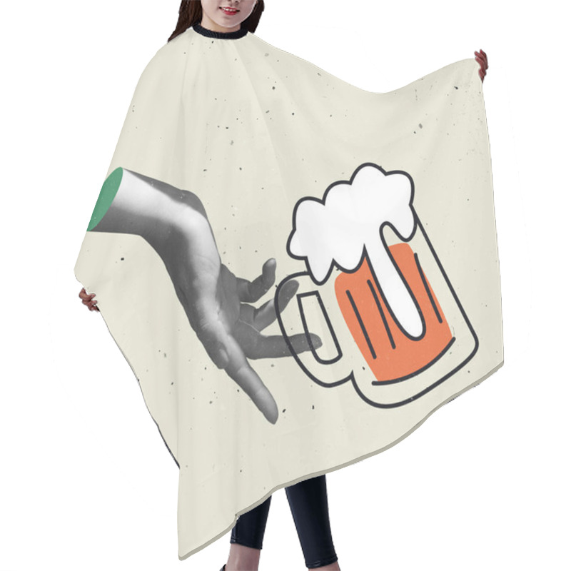 Personality  Contemporary Art Work. Female Hand With Beer Glass On Light Background, Illustraition. Concept Of Symbolism, Surrealism. Hair Cutting Cape