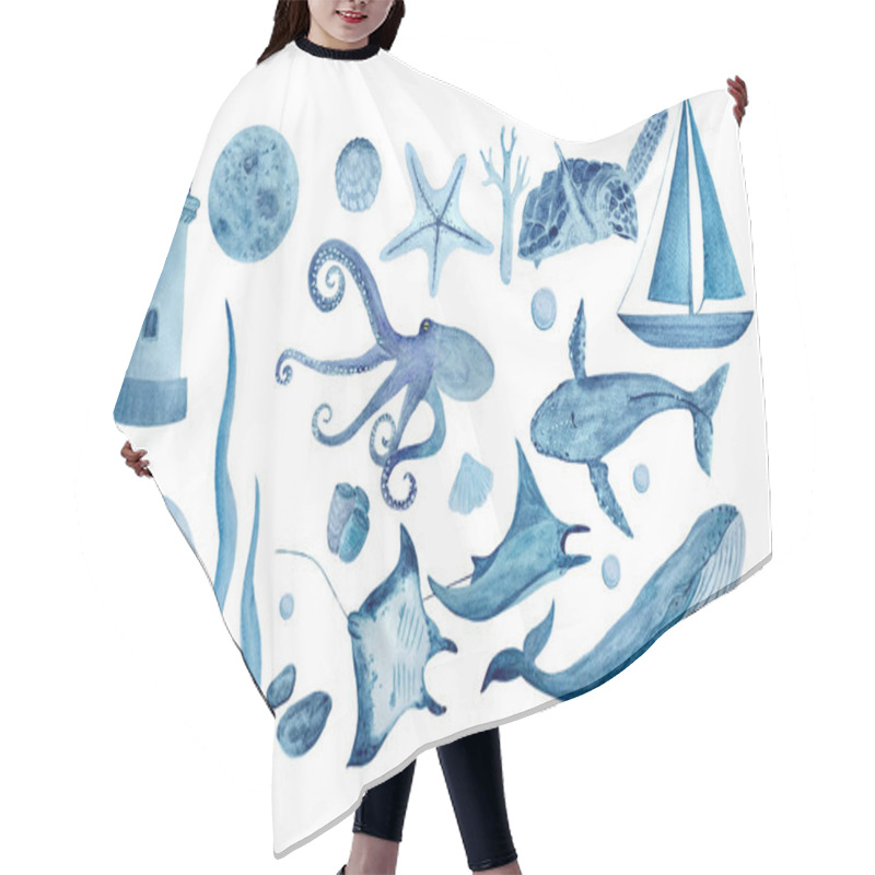 Personality  Watercolor High Quality Hand-drawn Blue Monochromatic Sea Creatures Set On White. Whales, Manta Ray, Shells, Starfish, Jellyfish, Octopus. Great For Textile, Eco Materials, Room Decor And Design. Hair Cutting Cape