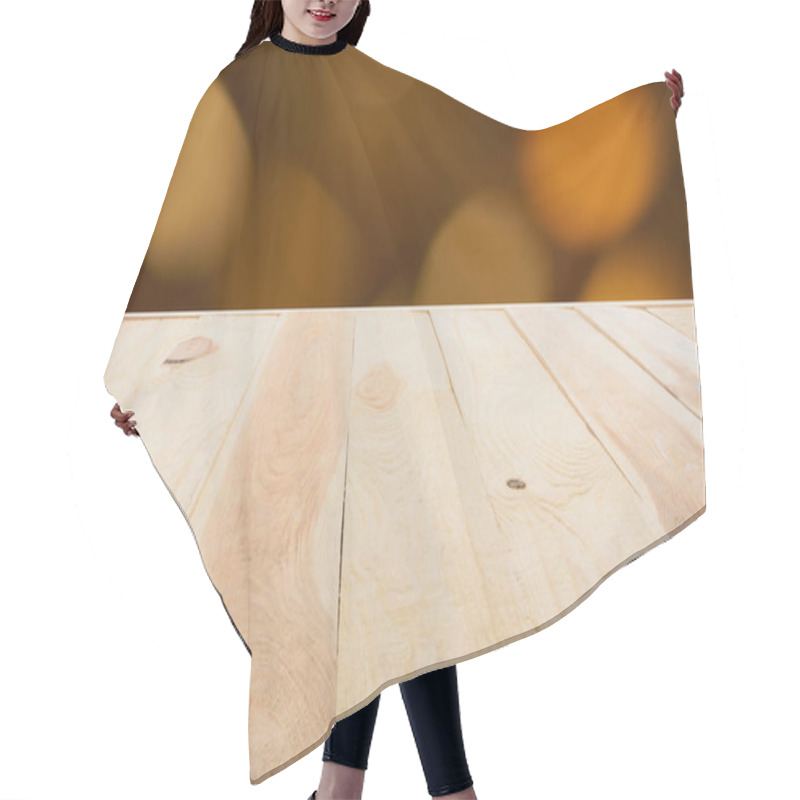 Personality  Template Of Beige Wooden Floor Made Of Planks On Blurred Orange Background Hair Cutting Cape