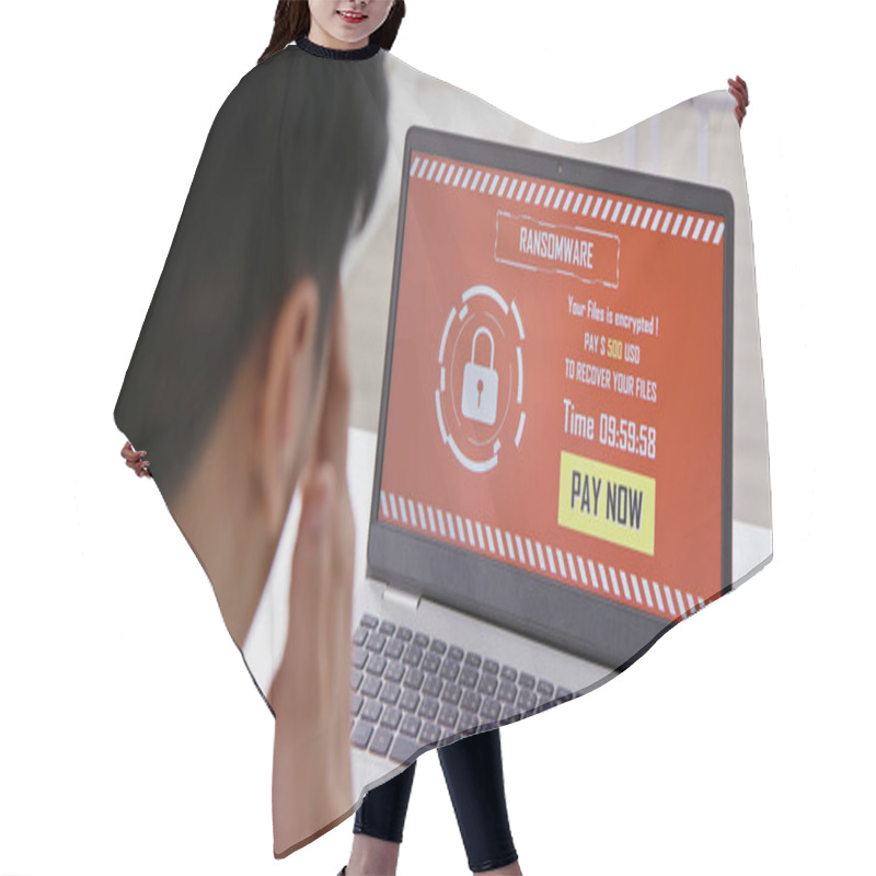 Personality  Back View Of Asian Worried Young Businessman Looking At Laptop Computer With Ransomware Attack Words On The Screen In Office Hair Cutting Cape