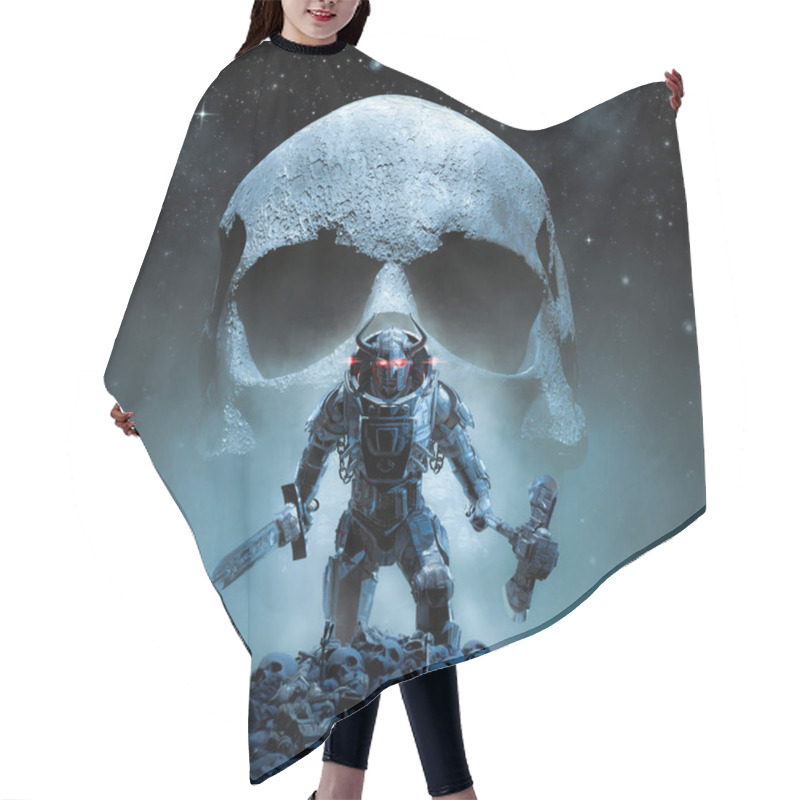 Personality  Futuristic Viking Skull Moon - 3D Illustration Of Science Fiction Robot Knight With Horned Helmet Holding Sword And Axe Hair Cutting Cape