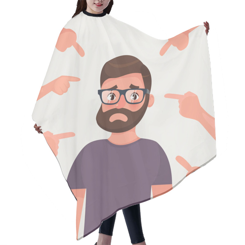 Personality  Sad, Depressed, Ashamed Man Surrounded By Hands Pointing Him Out With Fingers. Social Disapproval Blame And Accusation Concept. Flat Style Character Vector Illustration Hair Cutting Cape