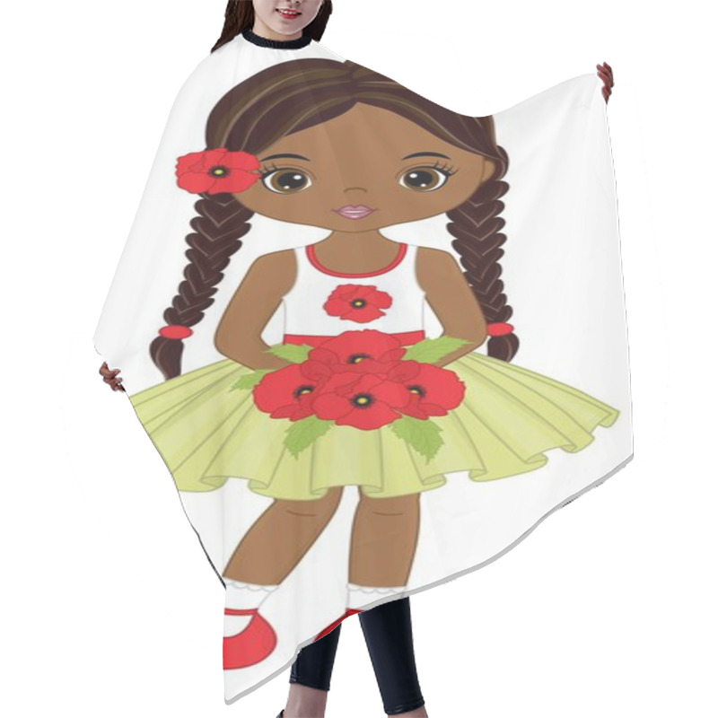 Personality  Beautiful Cute African American Girl Holding Bouquet Of Red Poppies. Vector Black Girl With Poppies Hair Cutting Cape