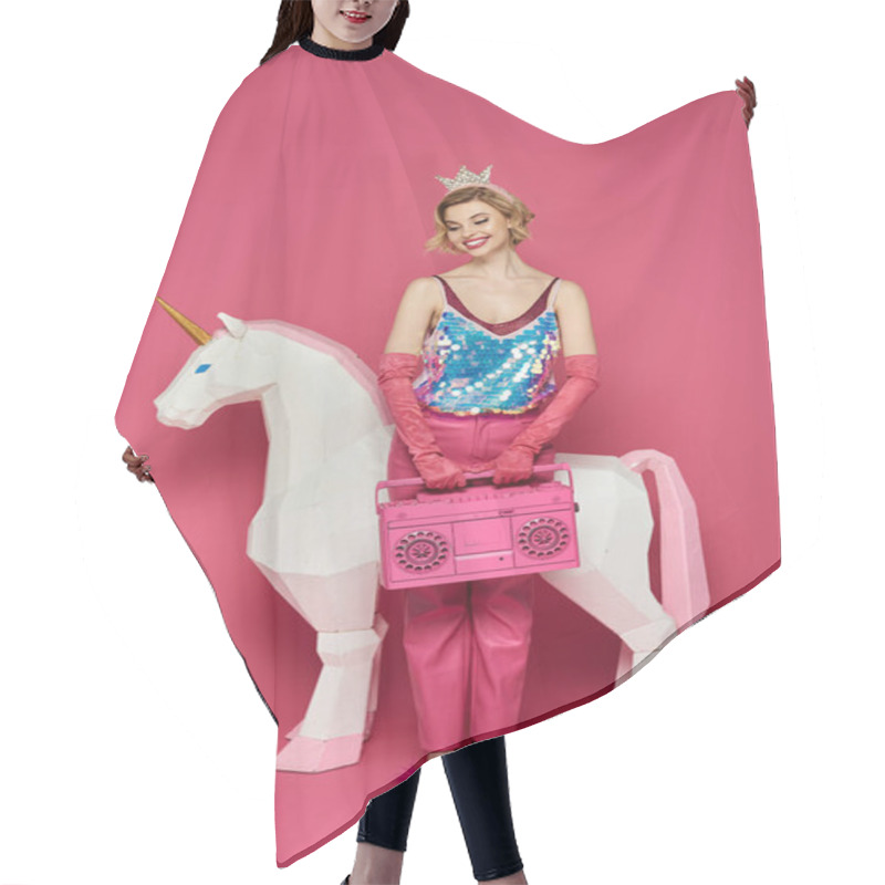 Personality  A Woman Dressed In Pink And A Sparkly Top Poses With A Unicorn Cutout And A Pink Boombox. Hair Cutting Cape