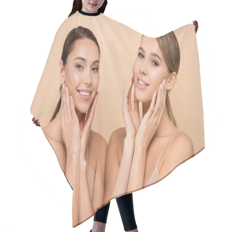 Personality  Smiling Women With Perfect Skin Touching Faces Isolated On Beige Hair Cutting Cape