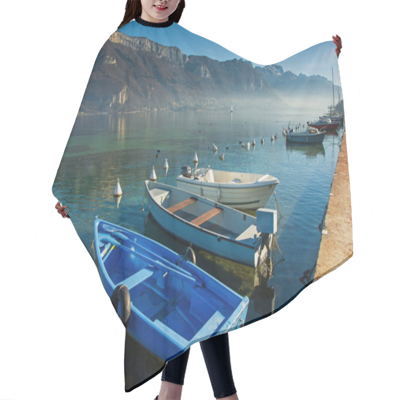 Personality  Boats Docked On Lake Annecy During Winter Hair Cutting Cape