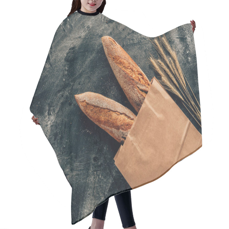 Personality  Top View Of Arranged French Baguettes In Paper Bag And Wheat On Dark Tabletop With Flour Hair Cutting Cape