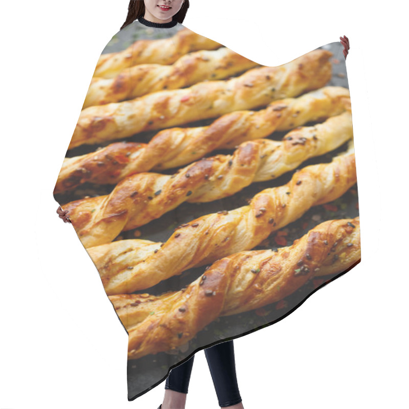 Personality  Sticks With Puff Pastry With Cheese And Chia Seeds. Delicious Finger Food Hair Cutting Cape