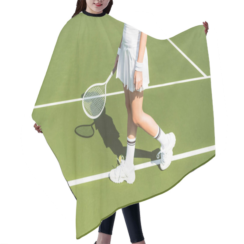 Personality  Partial View Of Female Tennis Player In White Sportswear With Racket On Tennis Court Hair Cutting Cape