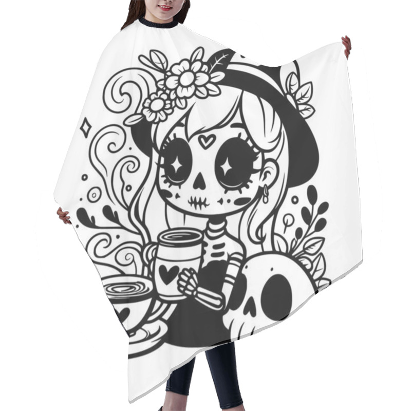 Personality  Cute Vector Illustration Of A Skeleton Witch Enjoying A Cup Of Coffee, Surrounded By Swirling Steam, Flowers, And A Skull, Perfect For Halloween Or Day Of The Dead Designs. Hair Cutting Cape