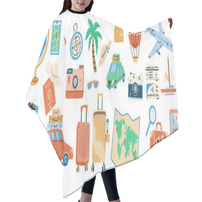 Personality  Trip Planning World Tour Concept Illustrations Set. Travel Stickers Collection. Summer Vacation Plane And Ship, Baloon, Car And Other Transports, Holiday Icons Set. Travel Destinations Choose. Hair Cutting Cape