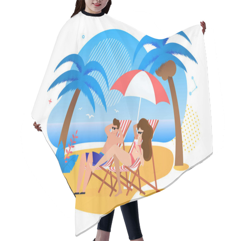 Personality  Satisfied Cartoon Couple Resting On Tropical Beach Hair Cutting Cape