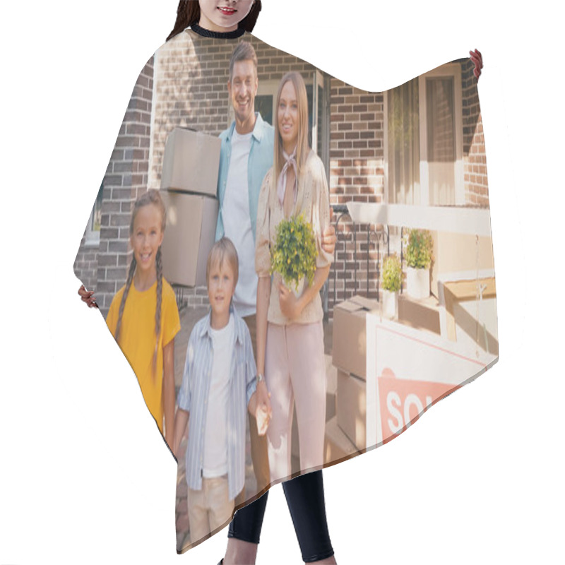 Personality  Happy Family Holding Hands And Standing Near New House  Hair Cutting Cape