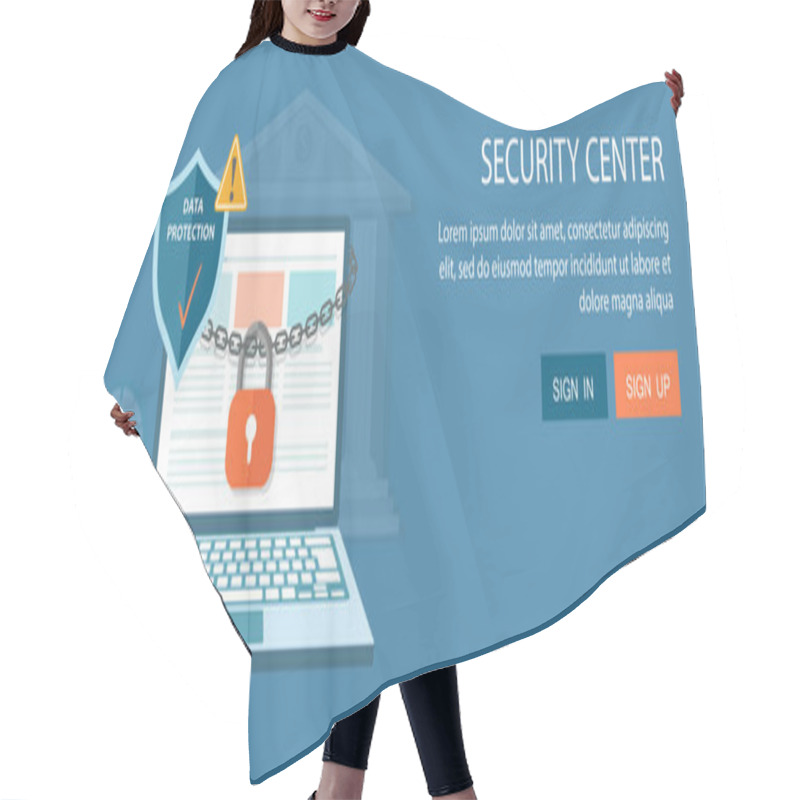 Personality  Flat Illustration Of Security Center. Lock With Chain Around Lap Hair Cutting Cape