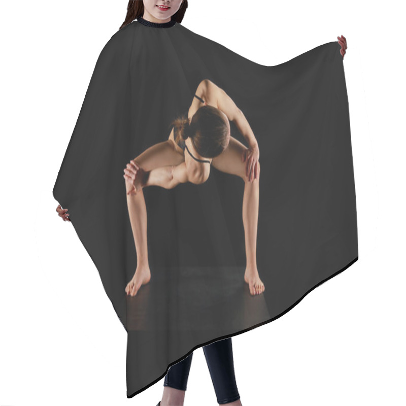 Personality  Girl With Barefoot Doing Revolved Bound Side Angle Exercise Isolated On Black  Hair Cutting Cape