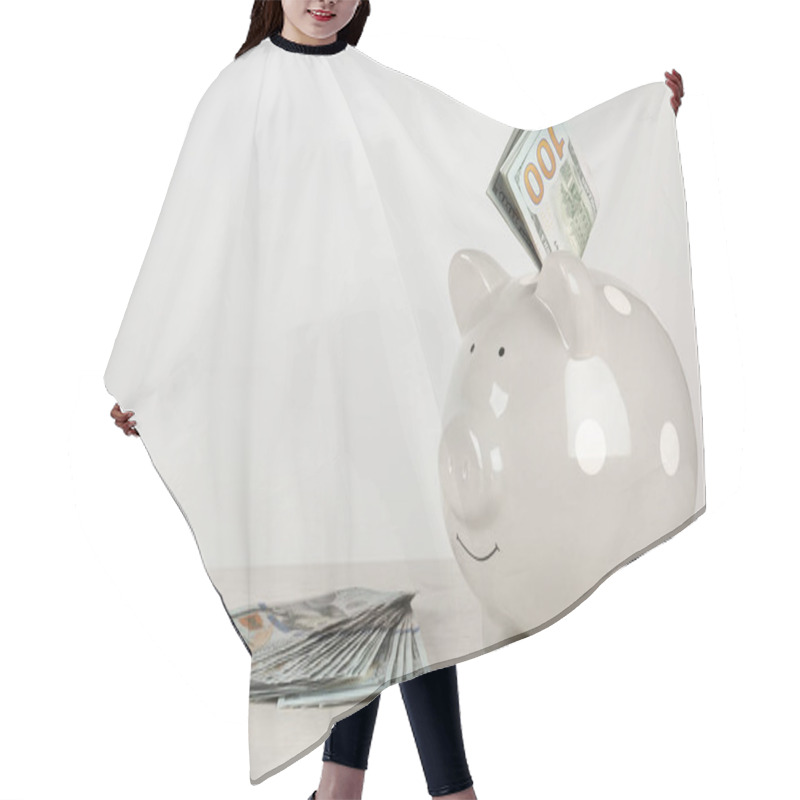 Personality  Piggy Bank With Dollar Banknotes On Table Against White Background. Space For Text Hair Cutting Cape