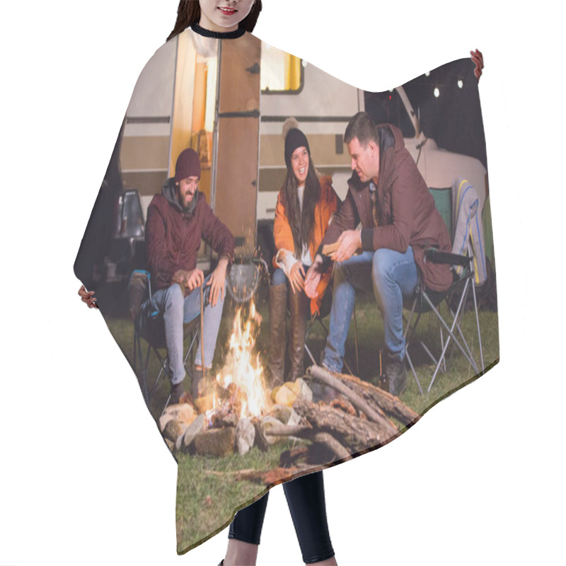 Personality  Group Of Friend Relaxing And Laughing Together Around Camp Fire Hair Cutting Cape