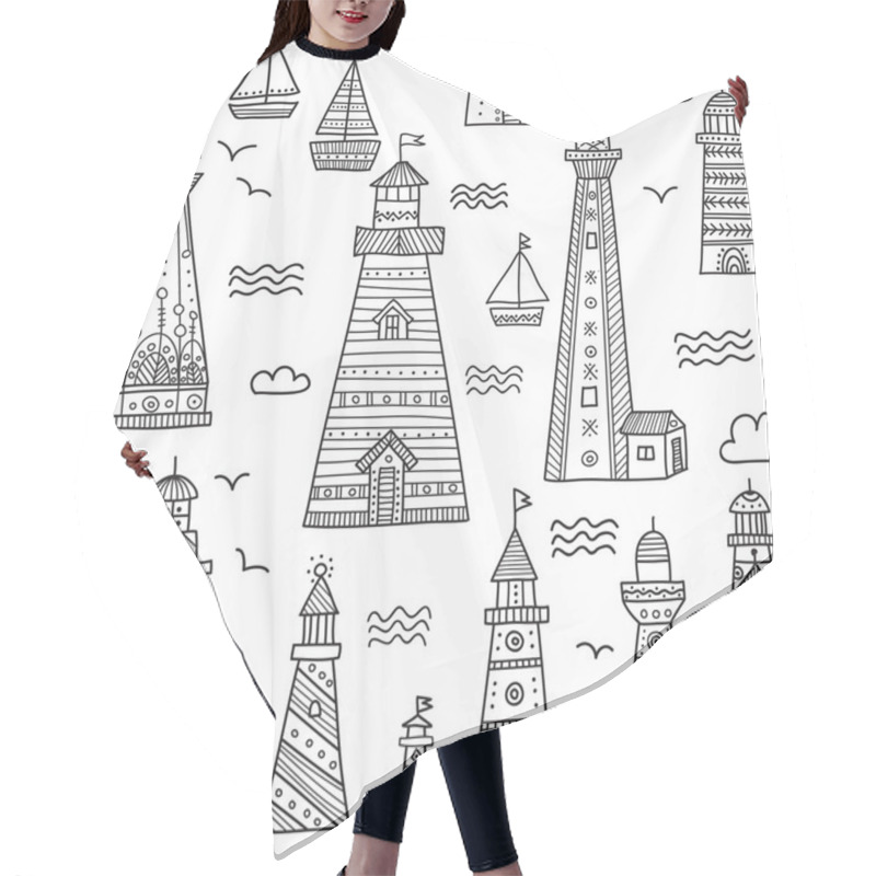 Personality  Ethnic Style Lighthouses With Ornaments Seamless Pattern. Can Be Printed And Used As Wrapping Paper, Wallpaper, Textile, Fabric, Etc Hair Cutting Cape