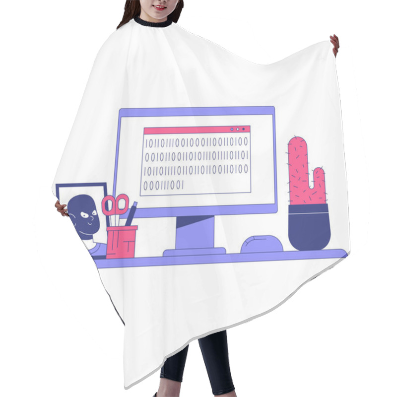 Personality  Desktop Computer Displaying Binary Code, Accompanied By A Framed Photo, Scissors, And A Cactus, Symbolizing Programming And IT Development. Hair Cutting Cape