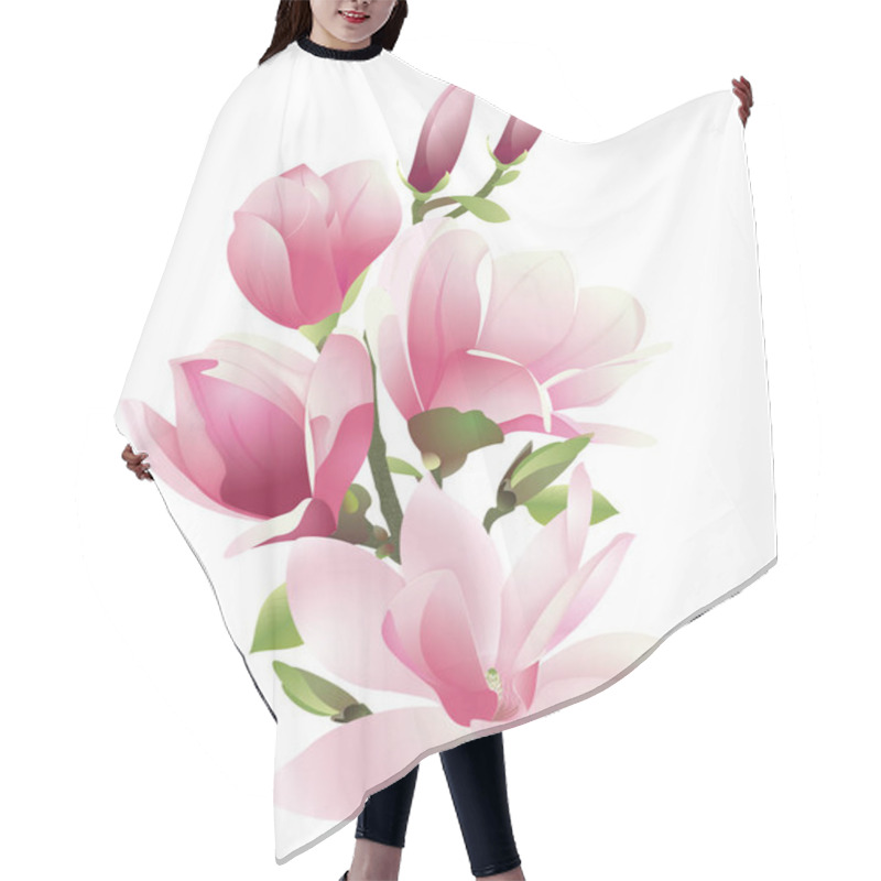 Personality  A Branch Of Magnolia With Pink Flowers And Leaves On A White Background. Spring Flowers In Vector Hair Cutting Cape