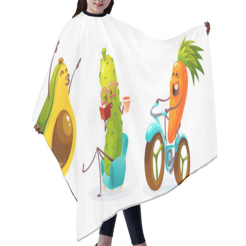 Personality  Funny Fruits And Vegetables Cartoon Character. Avocado, Cucumber And Carrot Rest In Summer, Dance, Ride A Bike, Read And Drink Coffee. Cute Food Characters Isolated On Background Vector Illustration Hair Cutting Cape