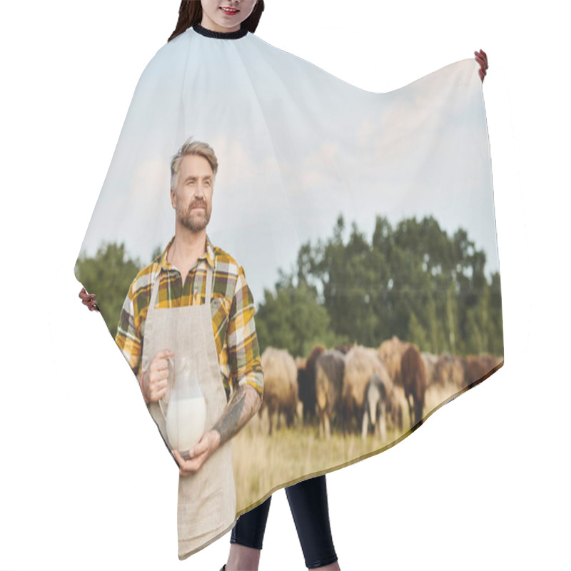 Personality  Handsome Bearded Modern Farmer With Tattoos Holding Jar Of Fresh Milk With Sheeps On Backdrop Hair Cutting Cape