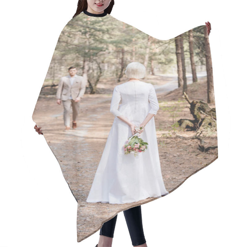 Personality  Back View Of Bride With Flowers And Bridegroom In Forest Hair Cutting Cape