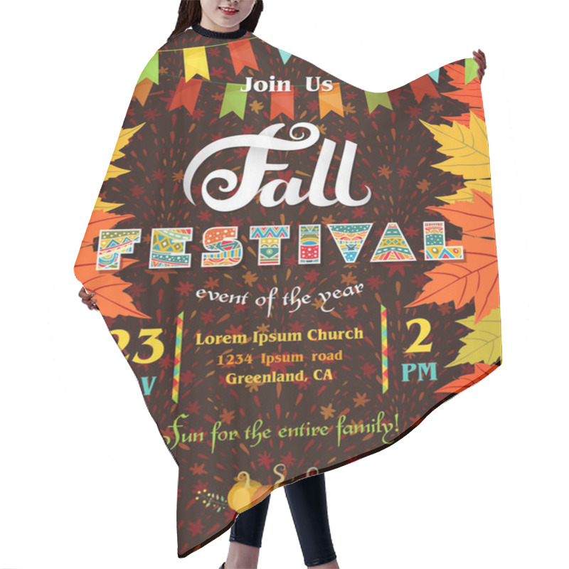 Personality  Fall Festival Poster Template. Text Customized For Invitation For Celebration. Ornate Letters, Colorful Autumn Season Leaves Of Maple And Flags. Fireworks Background. Vector Illustration. Hair Cutting Cape