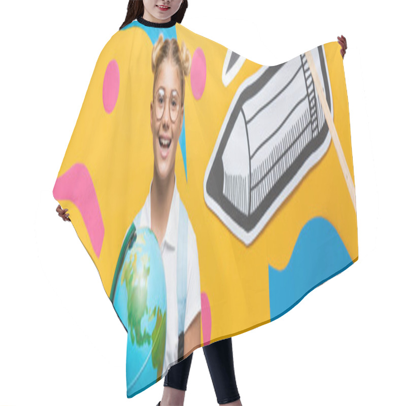 Personality  Horizontal Image Of Schoolkid With Globe Looking At Camera Near Paper Craft On Yellow Background Hair Cutting Cape