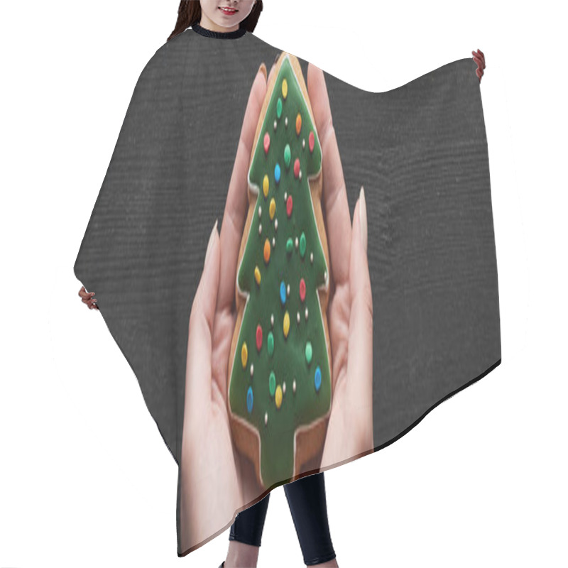 Personality  Cropped View Of Woman Holding Christmas Tree Cookie In Hands On Black Wooden Table, Panoramic Shot Hair Cutting Cape