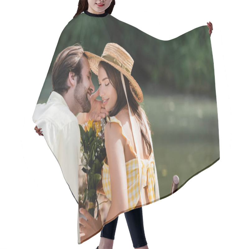 Personality  Happy Young Woman In Straw Hat Holding Bouquet Of Flowers Near Romantic Boyfriend On Lake Hair Cutting Cape