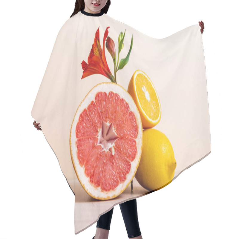 Personality  Floral And Fruit Composition With Red Alstroemeria And Citrus Fruits On Beige Background Hair Cutting Cape