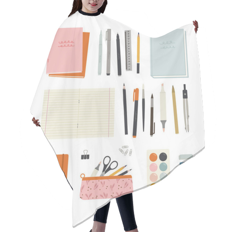 Personality  Vector Illustration Of Stationery, Office, School Tools. Notebooks, Notebooks, Book, Sketchbook, Pens, Pencils, Markers, Liner, Pencil Case, Rubber Bands, Scissors, Compasses, Paper Clips, Erasers. Hair Cutting Cape