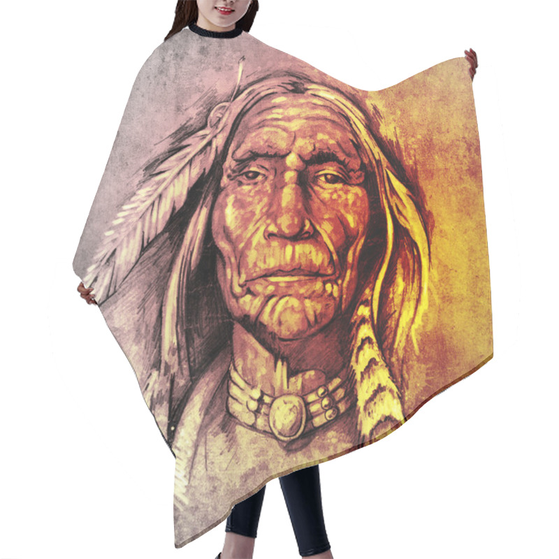 Personality  Sketch Of Tattoo Art, Portrait Of American Indian Head Over Colo Hair Cutting Cape