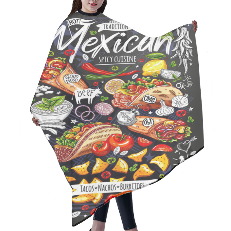 Personality  Food Poster, Ad, Fast Food, Menu, Mexican Cuisine, Nachos, Burritos, Tacos, Snack. Avocado, Cheese, Bean, Corn, Chicken. Yummy Cartoon Style. Hand Drawn Vector Hair Cutting Cape