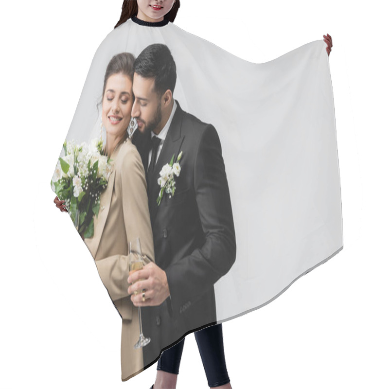 Personality  Elegant Arabian Man With Champagne Glass Hugging Happy Bride Holding Wedding Bouquet Isolated On Grey Hair Cutting Cape