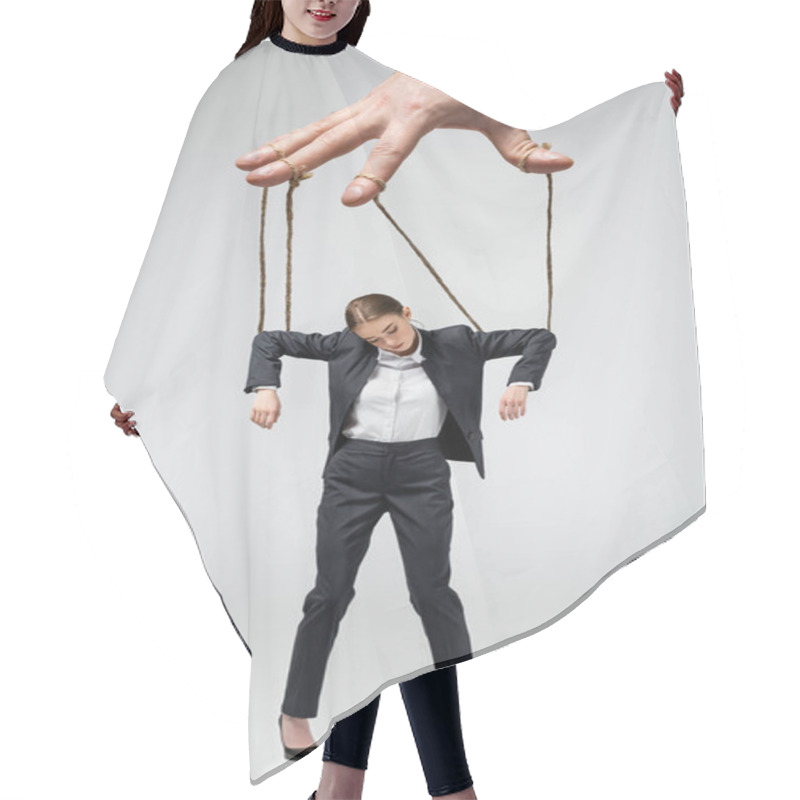 Personality  Cropped View Of Puppeteer Holding Businesswoman Marionette On Strings Isolated On Grey Hair Cutting Cape