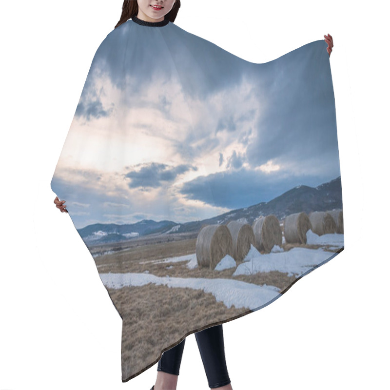 Personality  Straw Bales On Winter Field At Sunset. Hair Cutting Cape