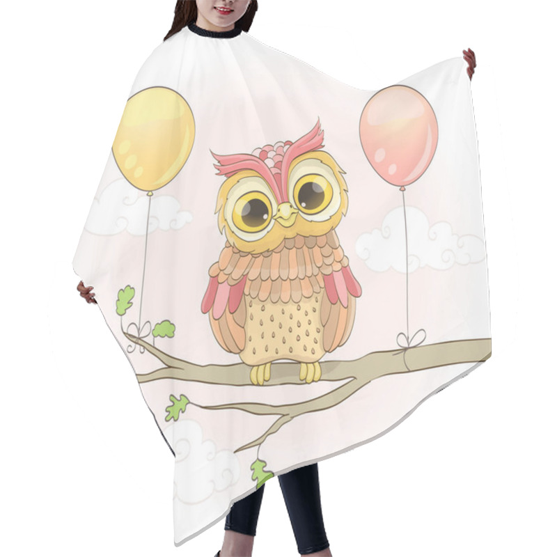 Personality  Cute Owl On A Branch And Balloons Over Pink Sky With Clouds. Car Hair Cutting Cape