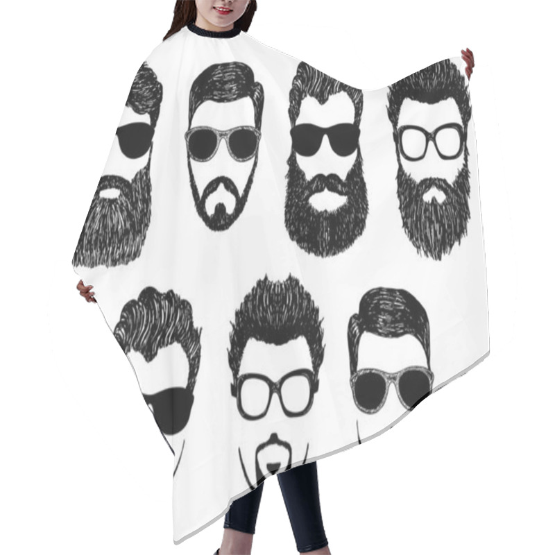 Personality  Hipster Detailed Hair And Beards With Sunglasses Kit. Fashion Bearded Man Face. Long Beard With Facial Hair. Beard Isolated On White. Hipsters With Different Haircuts, Mustaches, Beards, Glasses. Hair Cutting Cape