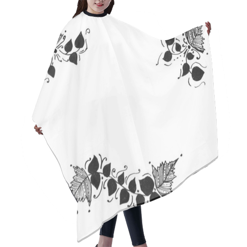 Personality  Frame, Framing Of Leaves. White Background And Copy Space. Leaves Of Different Shapes And Sizes, Filled With Decor. Lines, Dots, Ornament Or Fill. Black Color. Doodle. Above And Belong. Isolated. Hair Cutting Cape