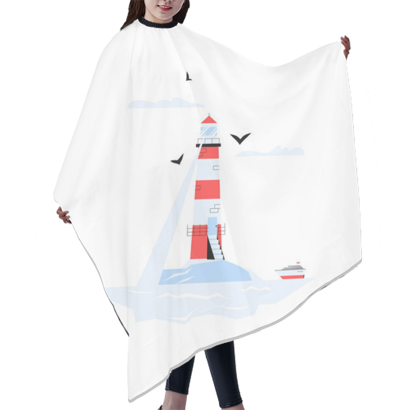 Personality  Lighthouse With Red And White Stripes Emitting Light Beams, Surrounded By Flying Birds, And A Small Boat In The Water. Represents Navigation, Safety, And Coastal Guidance. Hair Cutting Cape