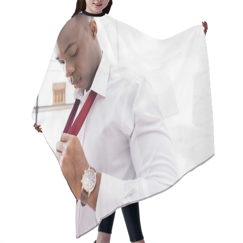 Personality  Young African American Businessman Wearing Tie While Getting Ready At Home  Hair Cutting Cape